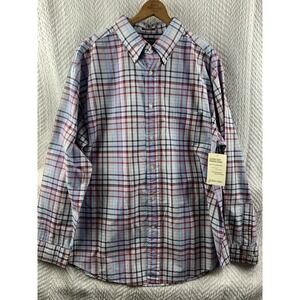 St. Johns Bay Sz Mens XL Plaid Button Up LS Super Soft Poplin Red White Blue NWT